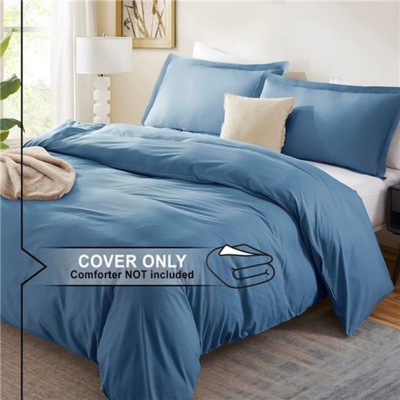 Blue Duvet Cover Queen Size - Cover Set, 3 Piece Double Brushed w Button Closure - Picture 4 of 6